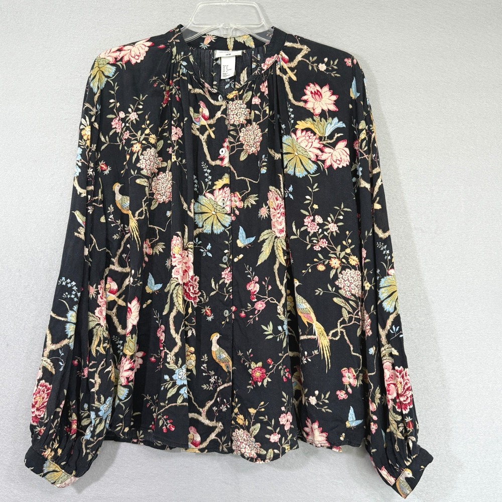 GP & J Baker H&M Woman's Boho Floral Bird Print Top Size 8 Button Oversized‎